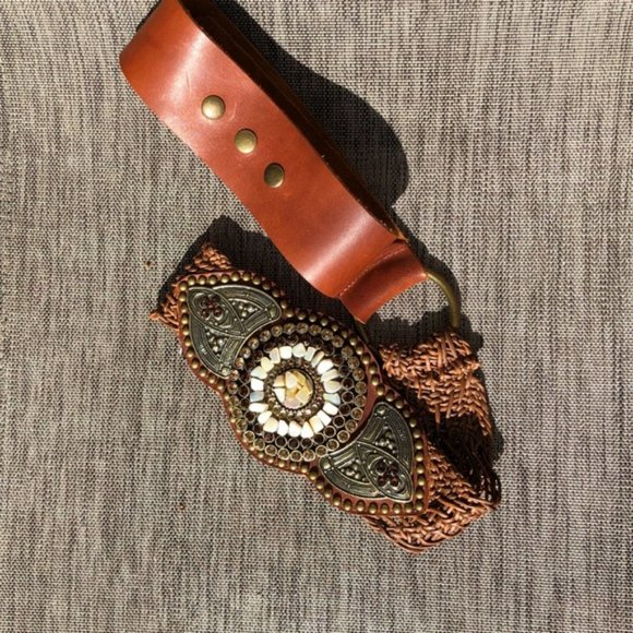?STUNNING?Vintage Genuine Leather and Stones Embellished Belt in Cognac Brown main image 4